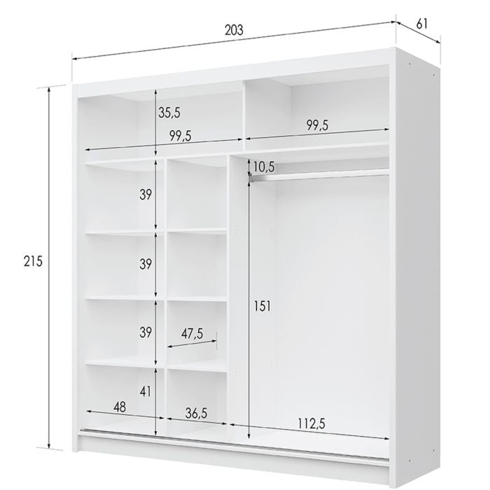 Trafford 203cm 2-Door Mirrored Sliding Wardrobe – White – product image 16