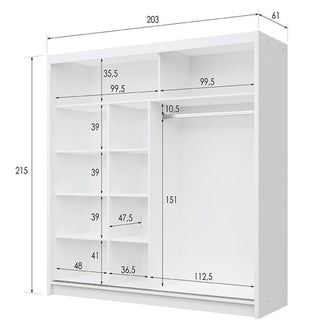 Sliding Wardrobe - TRAFFORD 2 Door Mirrored Wardrobe White 203cm