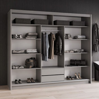 Graphite 3-door sliding wardrobe with internal shelves, hanging rail, and drawers visible.