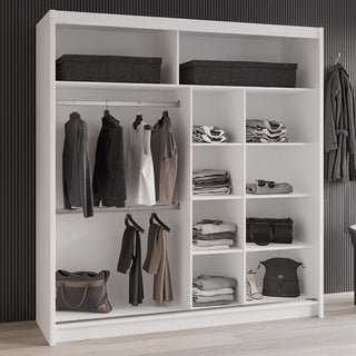 White 2-door sliding wardrobe with mirrored panels and organised interior storage