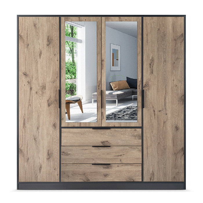 Bellvyn 196cm 4-Door Mirrored Hinged Wardrobe with 3 Drawers in Black