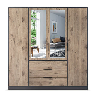 Bellvyn 196cm 4-Door Mirrored Hinged Wardrobe with 3 Drawers in Black
