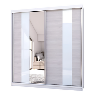 CHOICEWARDROBE Monaro 203cm Sliding 2 Door Wardrobe – Matt White Frame, Mirror Door, Gloss White & Light Oak Panels