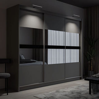 Graphite 3-door sliding wardrobe with mirrored panels