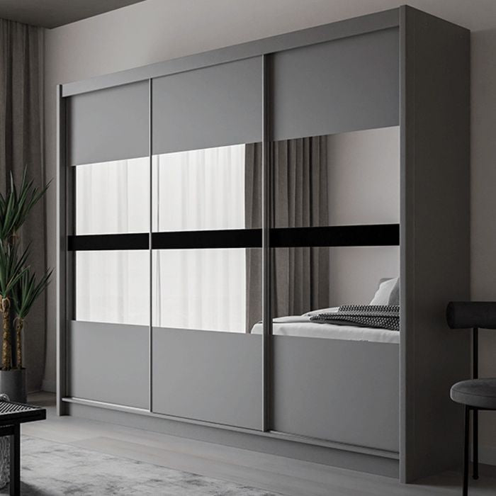 Graphite 3-door sliding wardrobe with mirrored panels