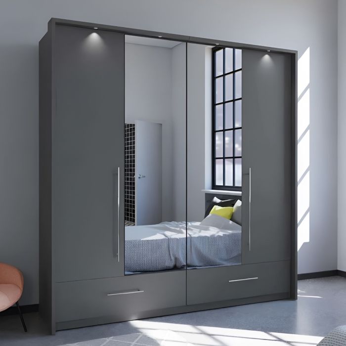 Lindsey 209cm 2-Door Mirrored Hinged Wardrobe with 2 Drawers in Grey