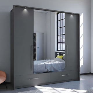 Lindsey 209cm 2-Door Mirrored Hinged Wardrobe with 2 Drawers in Grey