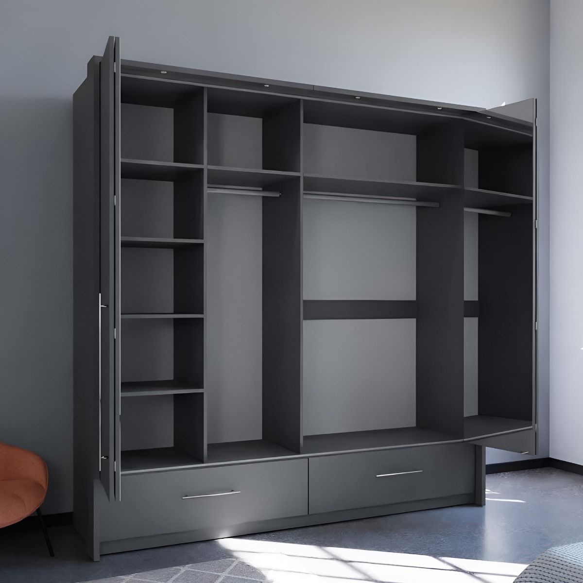 Lindsey 209cm 2-Door Mirrored Hinged Wardrobe with 2 Drawers in Grey – product detail