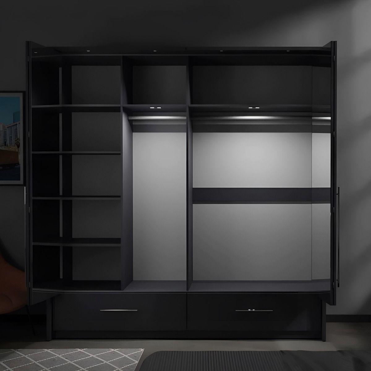 Lindsey 209cm 2-Door Mirrored Hinged Wardrobe with 2 Drawers in Grey – product detail