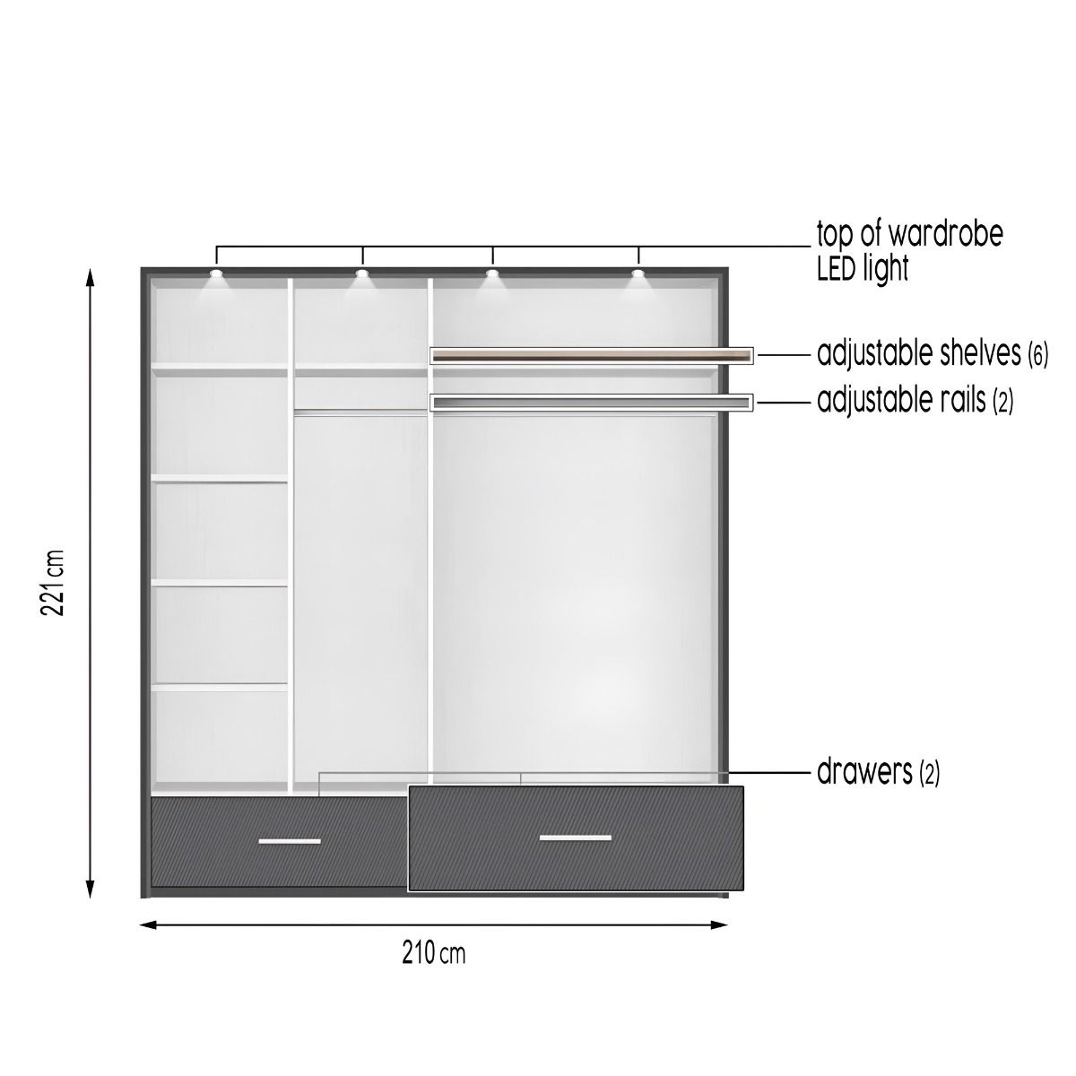 Lindsey 209cm 2-Door Mirrored Hinged Wardrobe with 2 Drawers in Grey – product detail