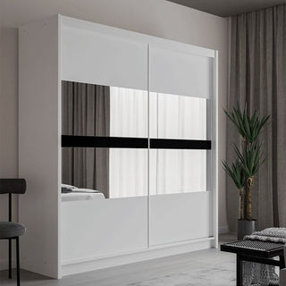 White 2-door sliding wardrobe with mirrored panels and a black horizontal stripe detail.