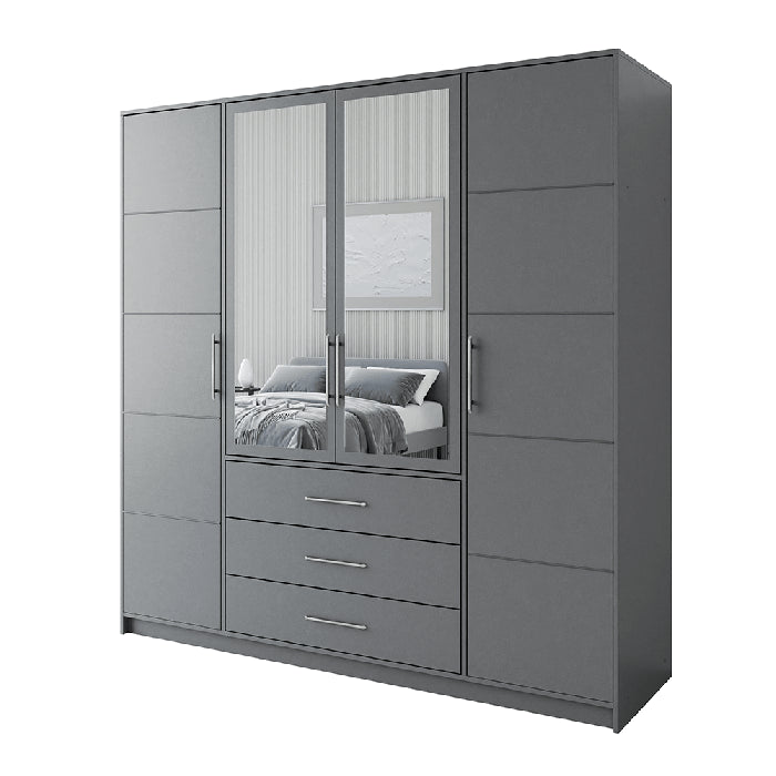 Barnsley 196cm Tall 4-Door Mirrored Hinged Wardrobe with 3 Drawers in Grey