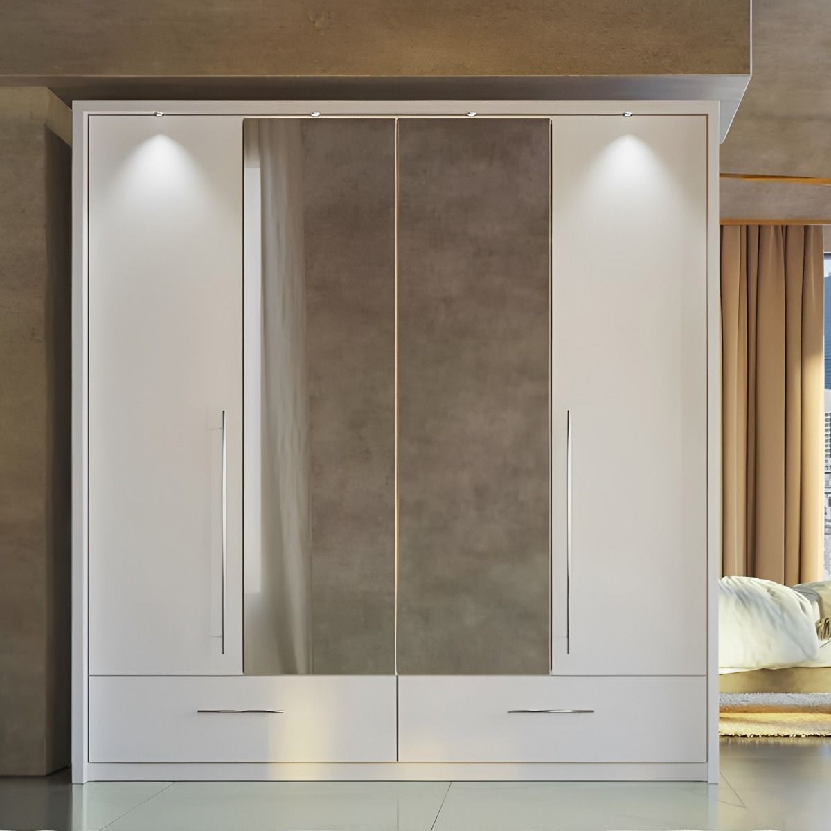 Lindsey 209cm 2-Door Mirrored Hinged Wardrobe with 2 Drawers in White – product detail