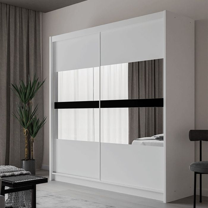 White 2-door sliding wardrobe with mirrored panels and a black horizontal accent stripe.