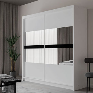 White 2-door sliding wardrobe with mirrored panels and a black horizontal accent stripe.