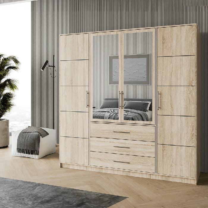 Barnsley 196cm Tall 4-Door Mirrored Hinged Wardrobe with 3 Drawers in Oak Sonoma