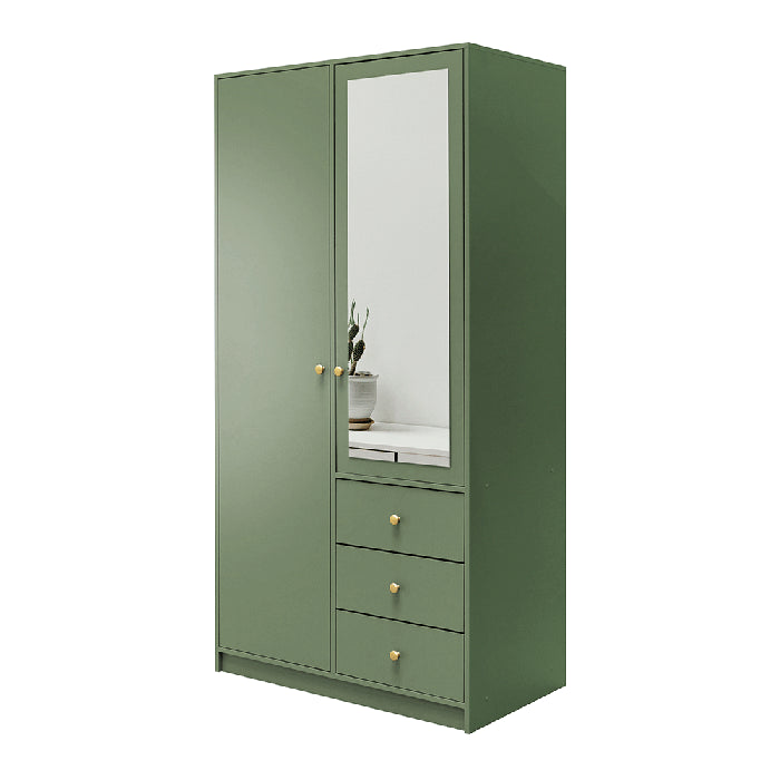 Elviro 100cm 2-Door Mirrored Hinged Wardrobe with 3 Drawers in Green