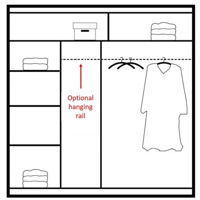 Line drawing diagram of white 2-door sliding wardrobe internal layout with shelves and hanging rail area, showing optional hanging rail.