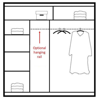 Line drawing diagram of white 2-door sliding wardrobe internal layout with shelves and hanging rail area, showing optional hanging rail.