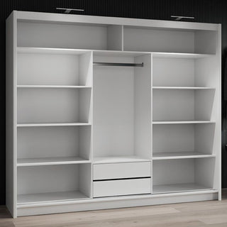 White 3-door sliding wardrobe interior with shelves, hanging rail, and drawers
