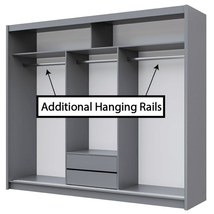 TRAFFORD 3 door graphite sliding wardrobe with mirrored doors, internal shelves, hanging rails and drawers