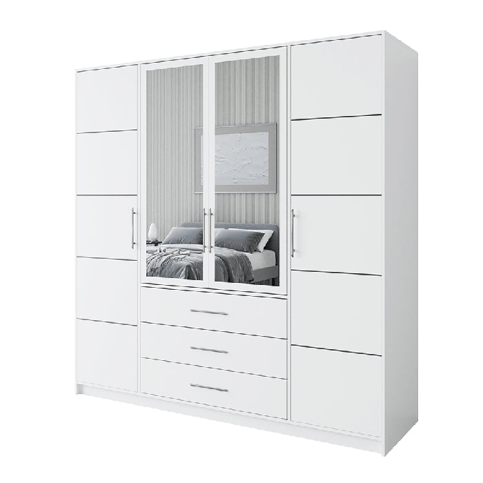 Barnsley 196cm Tall 4-Door Mirrored Hinged Wardrobe with 3 Drawers in White