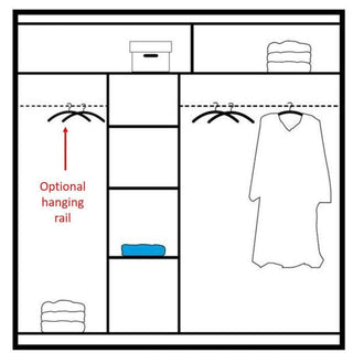 Line drawing of a white sliding wardrobe interior showing shelves and hanging rails with 'optional hanging rail' label.