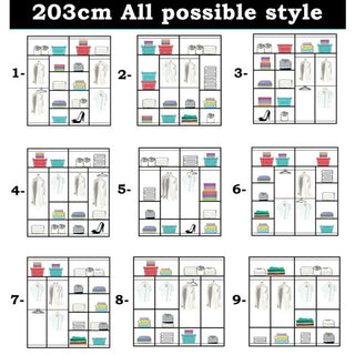 Grid of 9 layouts for 203cm Wenge wardrobe: shelves, hanging rails, baskets, shoes