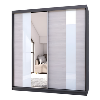 CHOICEWARDROBE Monaro 203cm Sliding Wardrobe – Graphite Grey Frame, Mirror 2 Door, Gloss White & Light Oak Panels