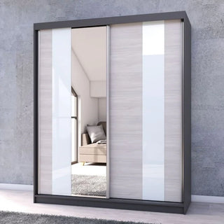 CHOICEWARDROBE Monaro 183cm Sliding Wardrobe – Graphite Grey Frame, Mirror Door, Gloss White & Light Oak Panel
