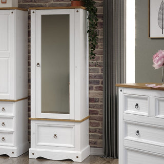 Consett mirrored single wardrobe in white and oak finish – compact storage solution with drawer and hanging rail