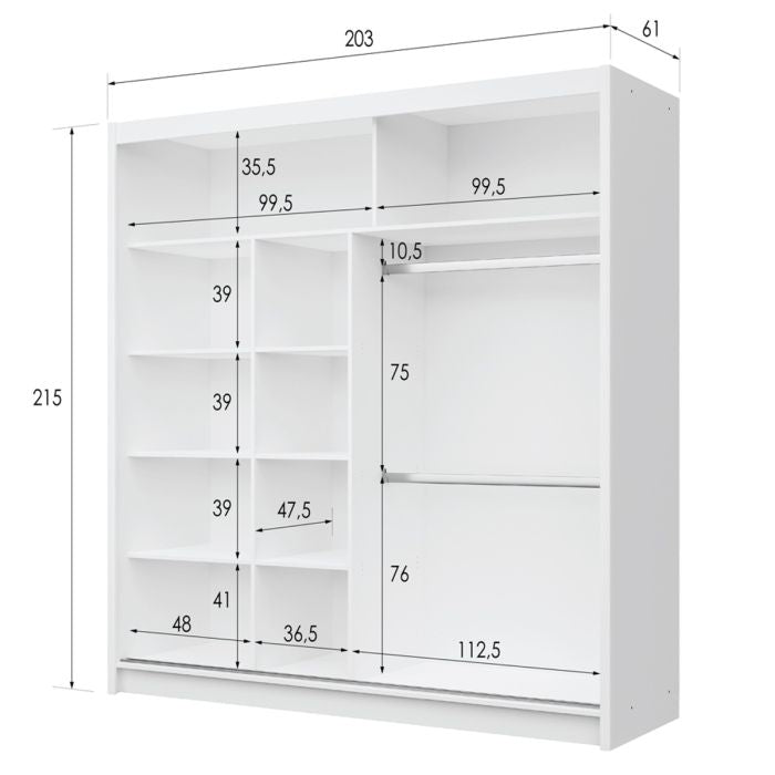 Trafford 203cm 2-Door Mirrored Sliding Wardrobe – White – product image 14