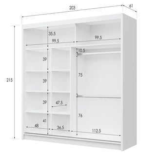 Sliding Wardrobe - TRAFFORD 2 Door Mirrored Wardrobe White 203cm
