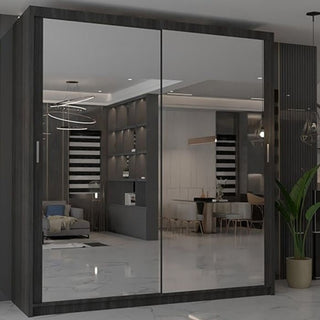 The CHOICEWARDROBE Chicago II 2 Door Sliding Mirrored Wardrobe in wenge finish (203cm wide) reflects a modern living and dining space with gray furniture, stylish lighting, a green potted plant, and glossy marble flooring.