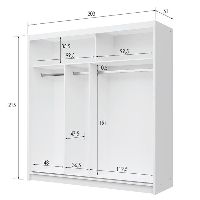 Trafford 203cm 2-Door Mirrored Sliding Wardrobe – White – product image 17