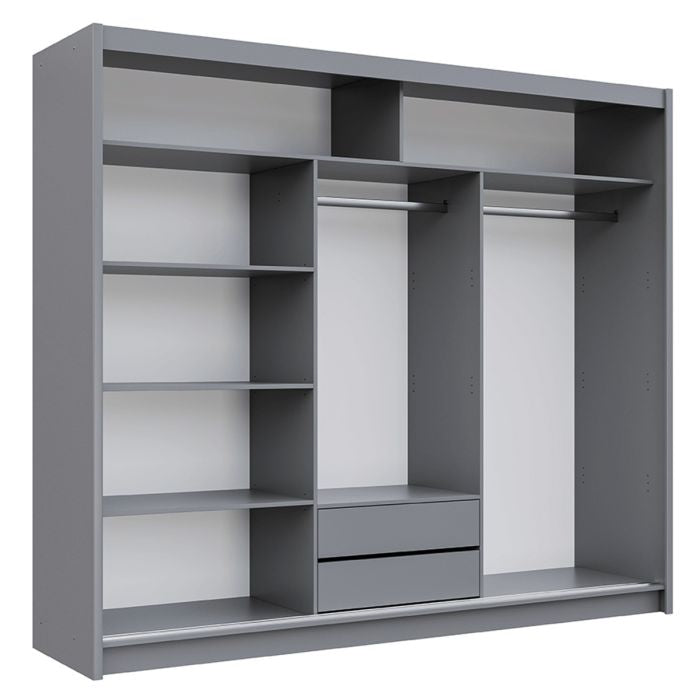 Graphite grey 3-door sliding wardrobe with shelves, hanging rail, and 2 drawers visible, 250cm wide