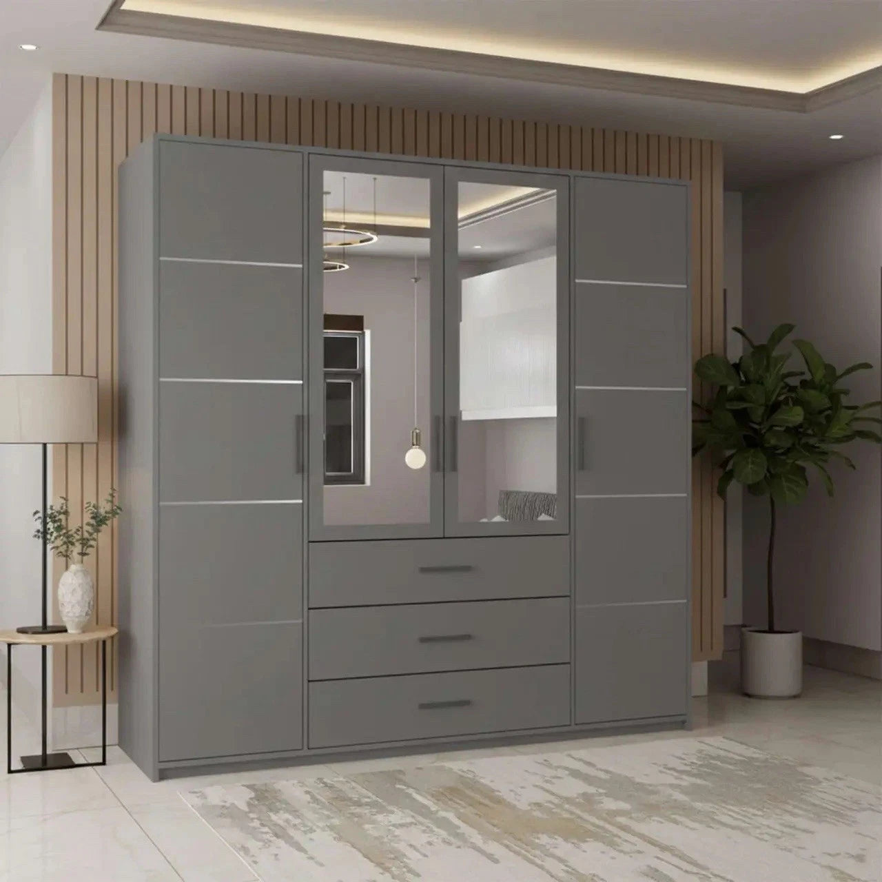 Grey CHOICEWARDROBE SAVELLA 200 4-door wardrobe with mirrored central doors and 3 drawers