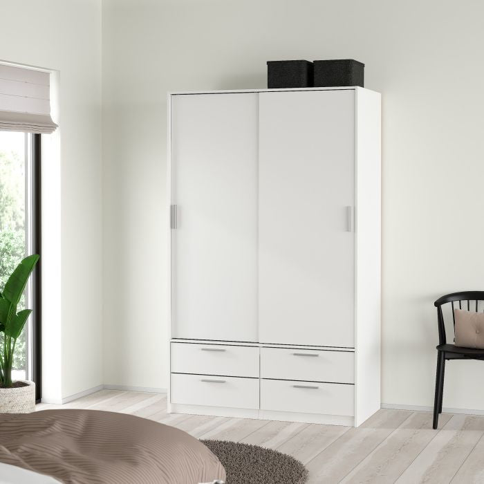 White two-door sliding wardrobe with four drawers