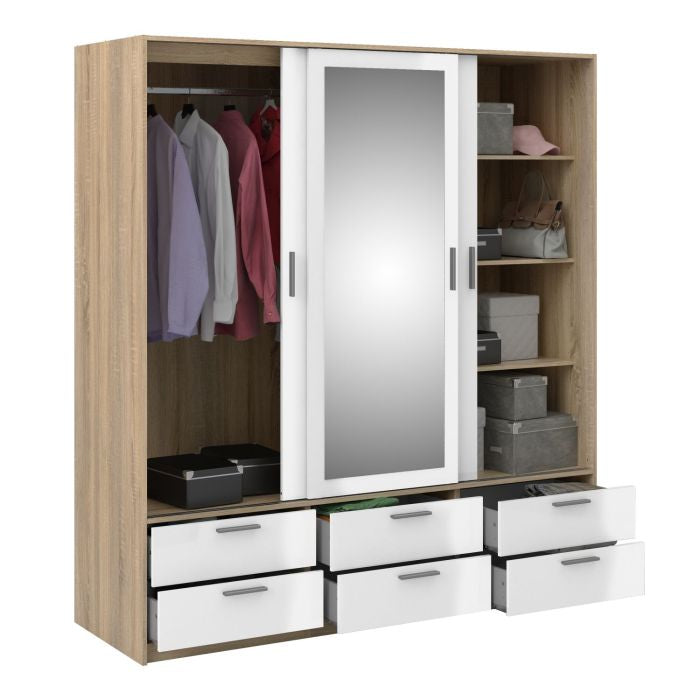 Line 181.4cm mirrored sliding wardrobe – oak frame and white gloss doors