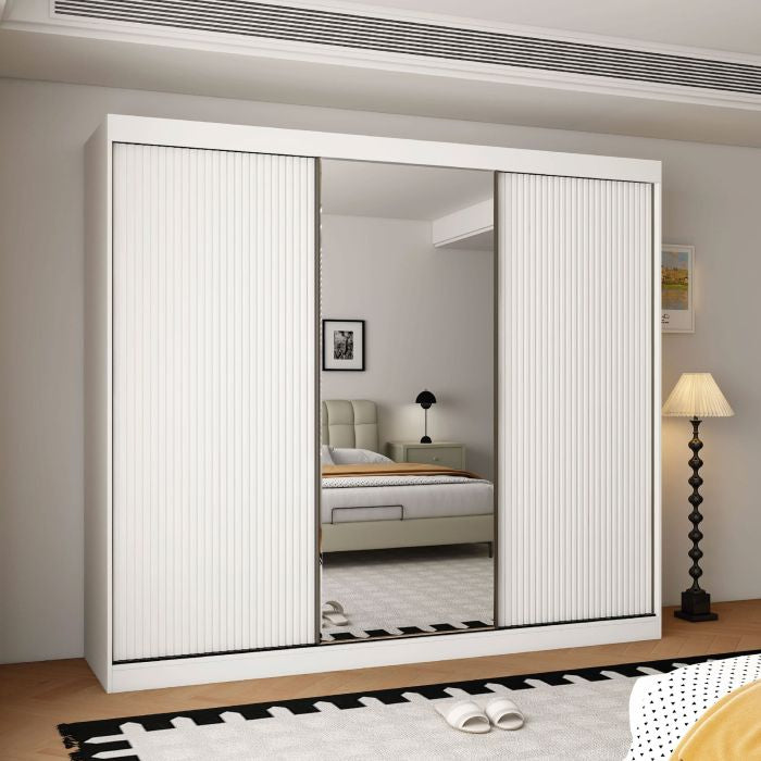 White 3-door sliding wardrobe with mirrored central door and grooved side doors