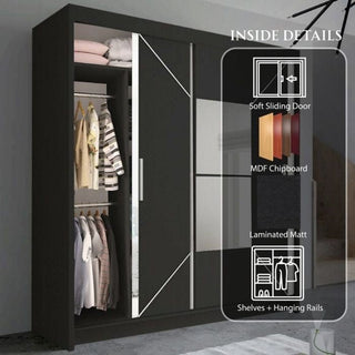Sliding Wardrobe - BARTHOLOMEW 2 Door Mirrored Wardrobe Black 203cm