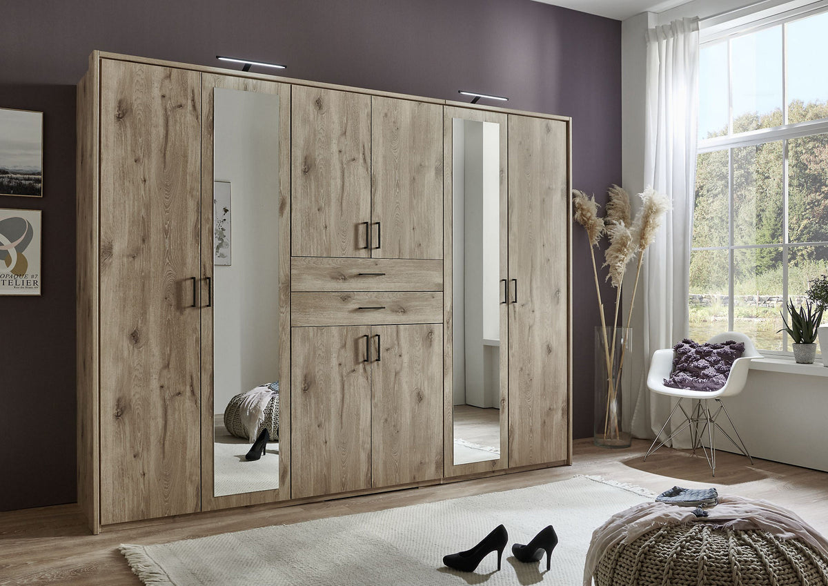 Docker 270 cm Oak 6 Door Mirrored Wardrobe | Grand Storage Design with Central Drawers & Full-Length Mirror – product image 2