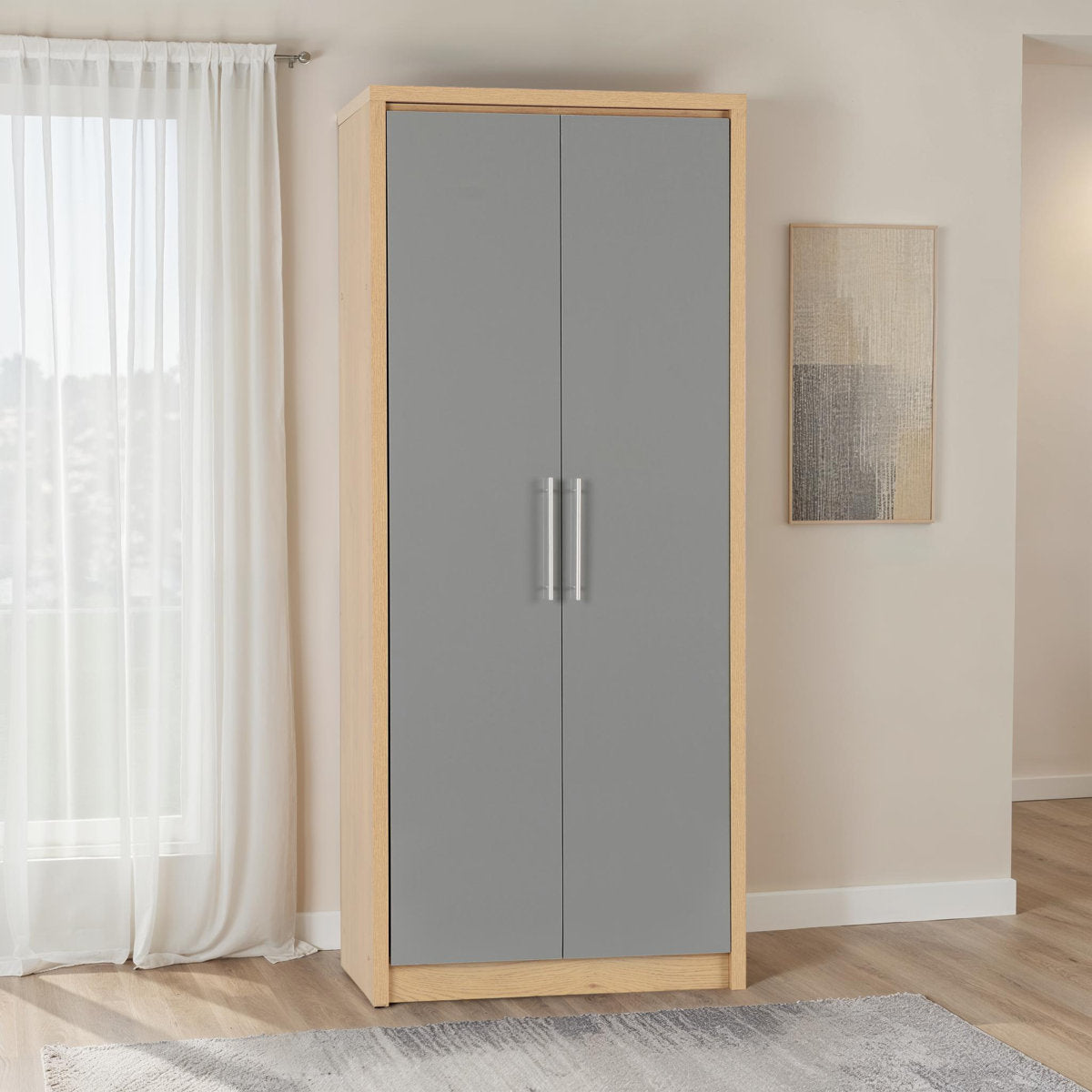 Samaira Gloss 2-Door Wardrobe with Effect Frame in Slim Modern Design, Hanging Rail & Shelf Storage – Grey