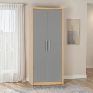 CHOICEWARDROBE Samaira Grey Gloss 2 Door Wardrobe with Oak Effect Frame – Slim Modern Design, Hanging Rail & Shelf Storage