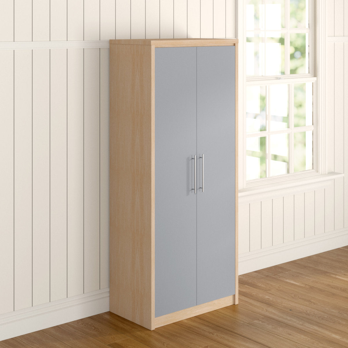 Samaira Gloss 2-Door Wardrobe with Effect Frame – Slim Modern Design, Hanging Rail & Shelf Storage – Grey – product image 3