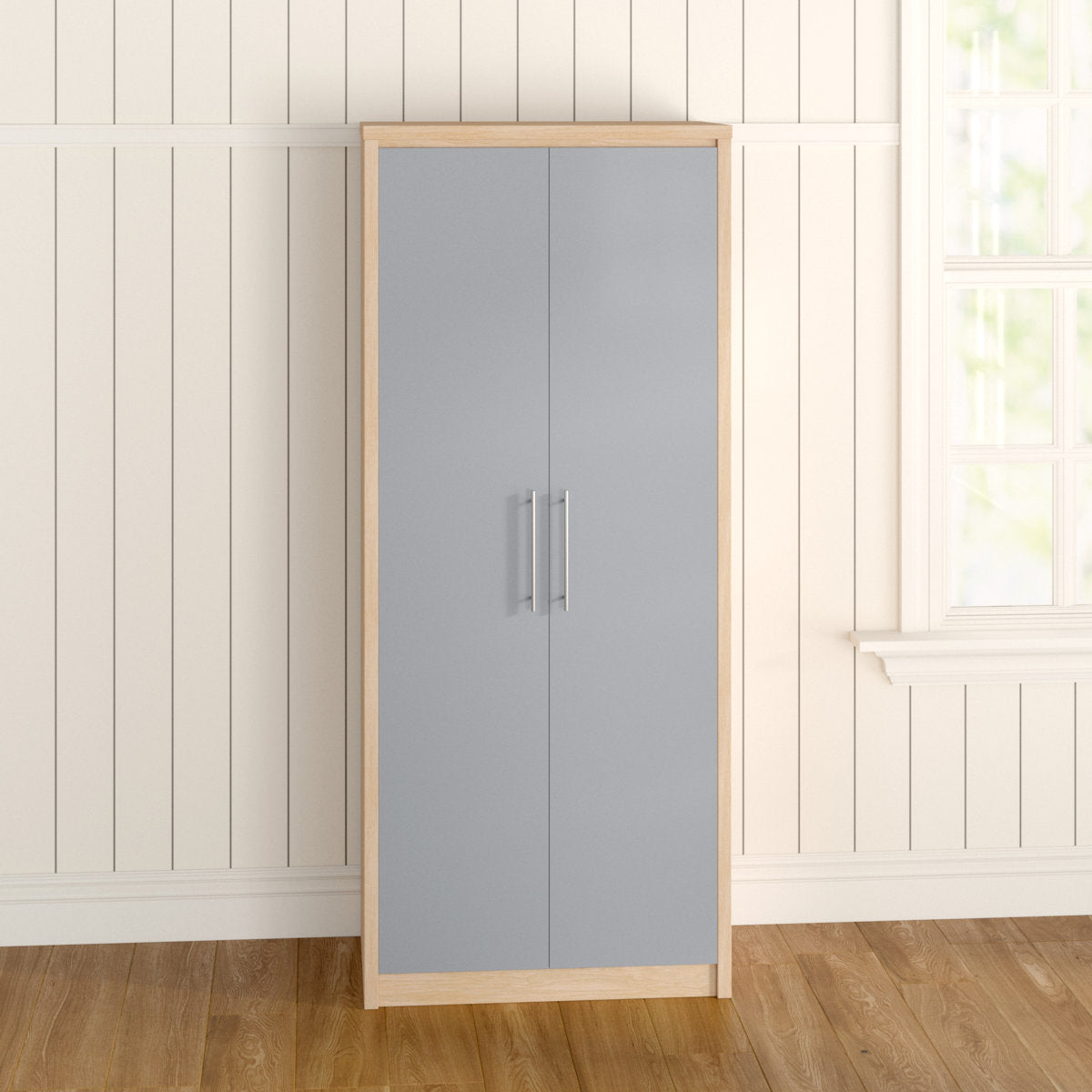 Samaira Gloss 2-Door Wardrobe with Effect Frame – Slim Modern Design, Hanging Rail & Shelf Storage – Grey – product image 6