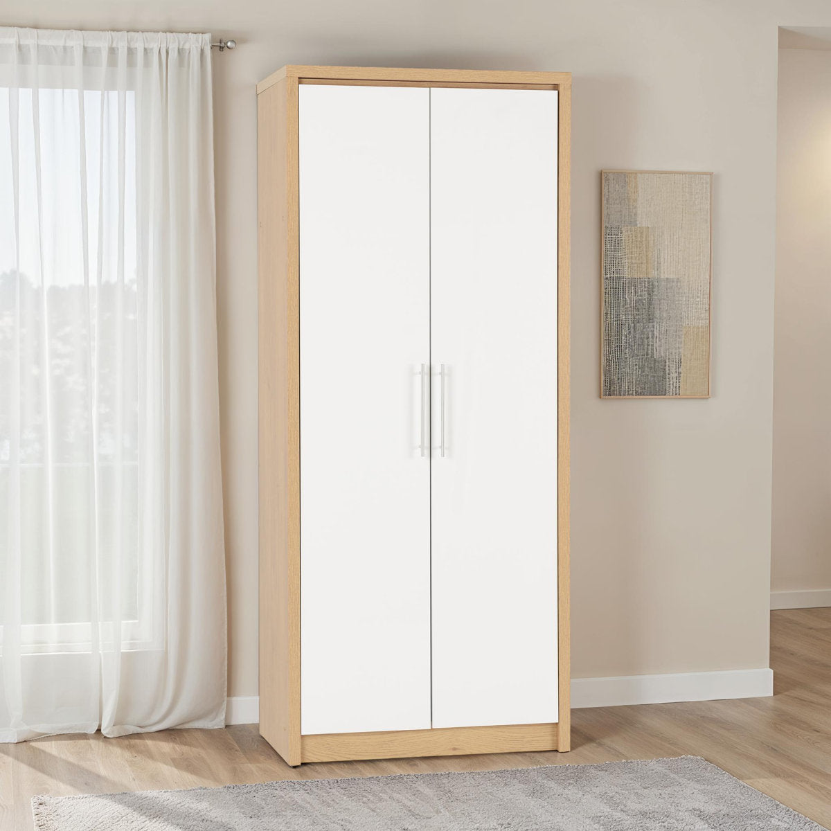 Samaira Gloss 2-Door Wardrobe with Effect Frame – Slim Modern Design, Hanging Rail & Shelf Storage – White – product image 2
