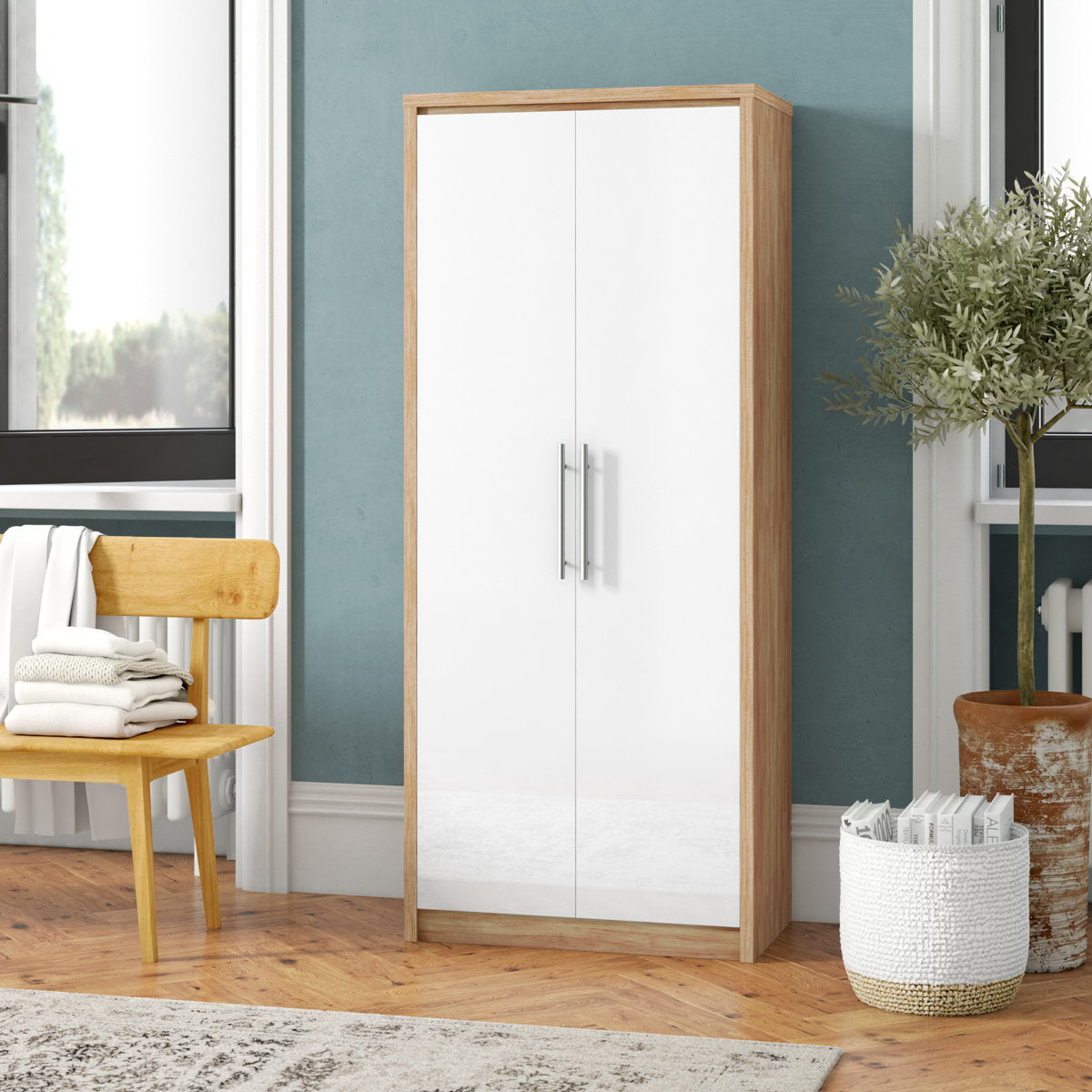 Samaira Gloss 2-Door Wardrobe with Effect Frame in Slim Modern Design, Hanging Rail & Shelf Storage – White