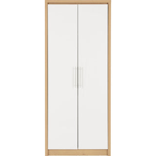 CHOICEWARDROBE Samaira White Gloss 2 Door Wardrobe with Oak Effect Frame – Slim Modern Design, Hanging Rail & Shelf Storage