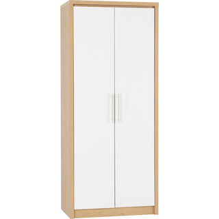 CHOICEWARDROBE Samaira White Gloss 2 Door Wardrobe with Oak Effect Frame – Slim Modern Design, Hanging Rail & Shelf Storage